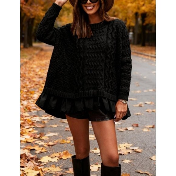 Women's Cable Knit Sweater Dress Ruffle Hem Mini Dresses Long Sleeves Black - Picture 2 of 6